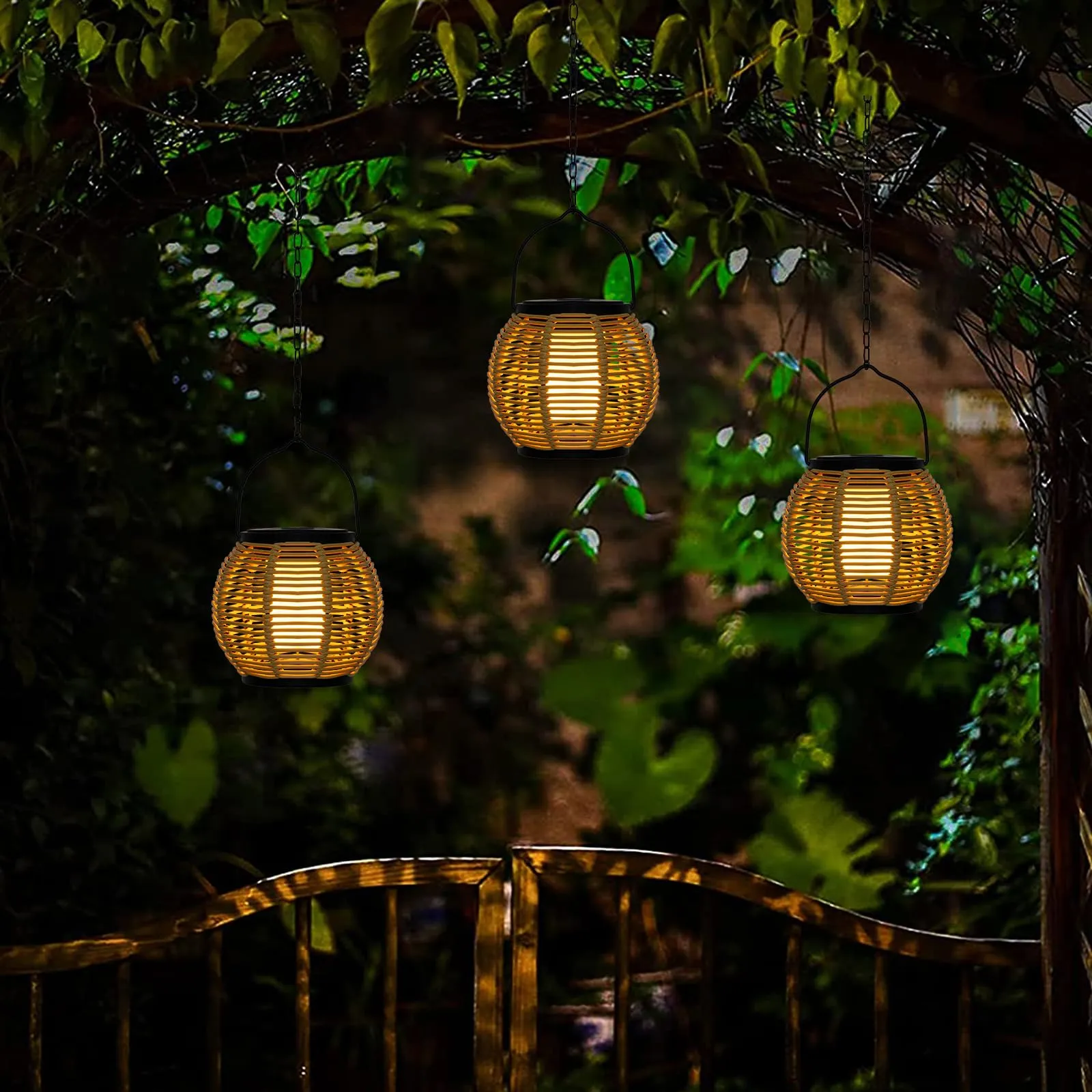 Larekook Solar Lanterns Outdoor Waterproof - Natural Rattan Bamboo Solar Powered Lantern, Dancing Flickering Flame Outdoor Table LED Lamp Auto On/Off Dusk to Dawn for Desk Patio Porch Yard Garden