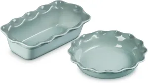 Le Creuset Stoneware Set of 2 9" Heritage Fluted Pie and 9" Fluted Loaf Dish, Sea Salt
