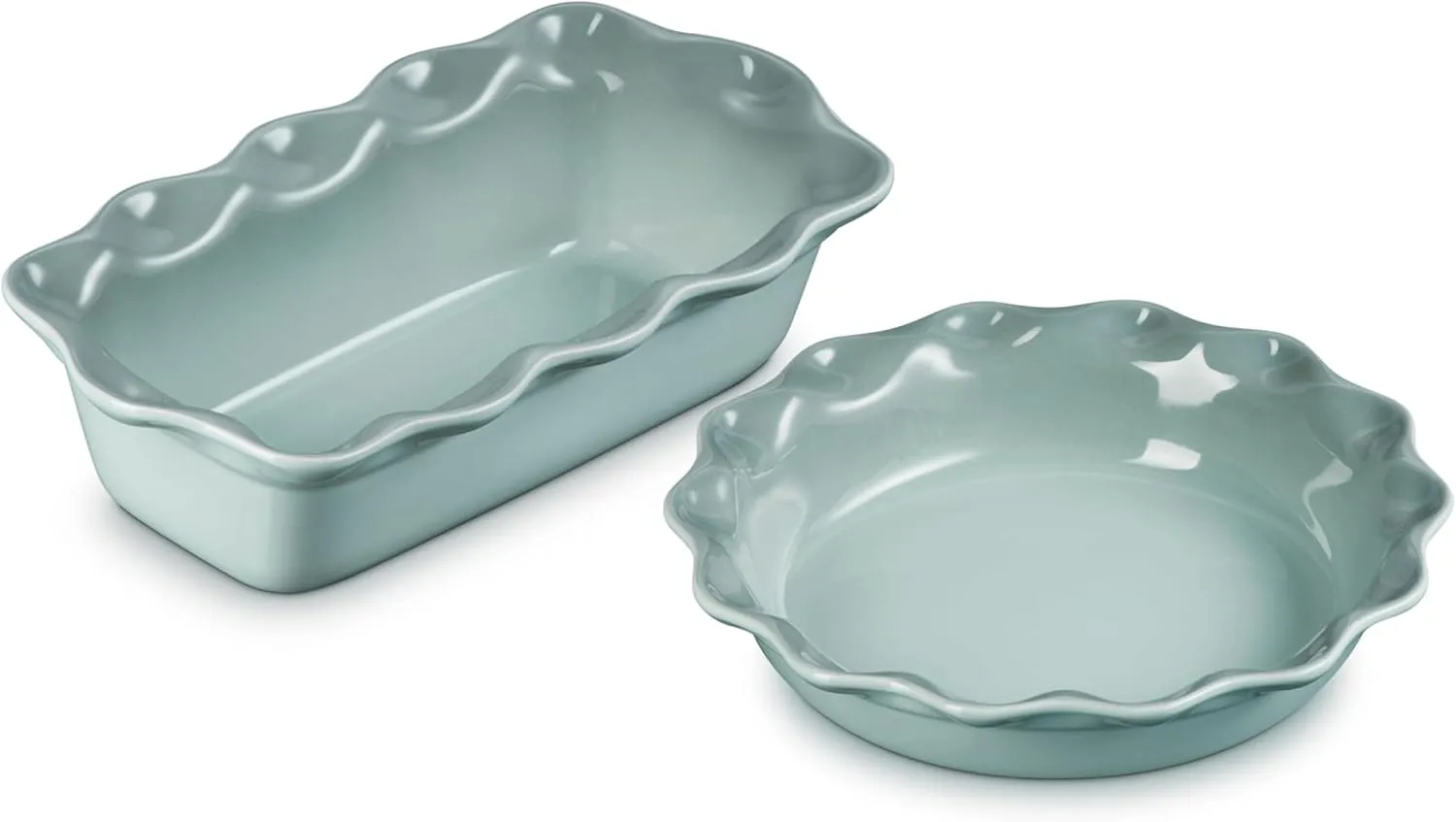 Le Creuset Stoneware Set of 2 9" Heritage Fluted Pie and 9" Fluted Loaf Dish, Sea Salt