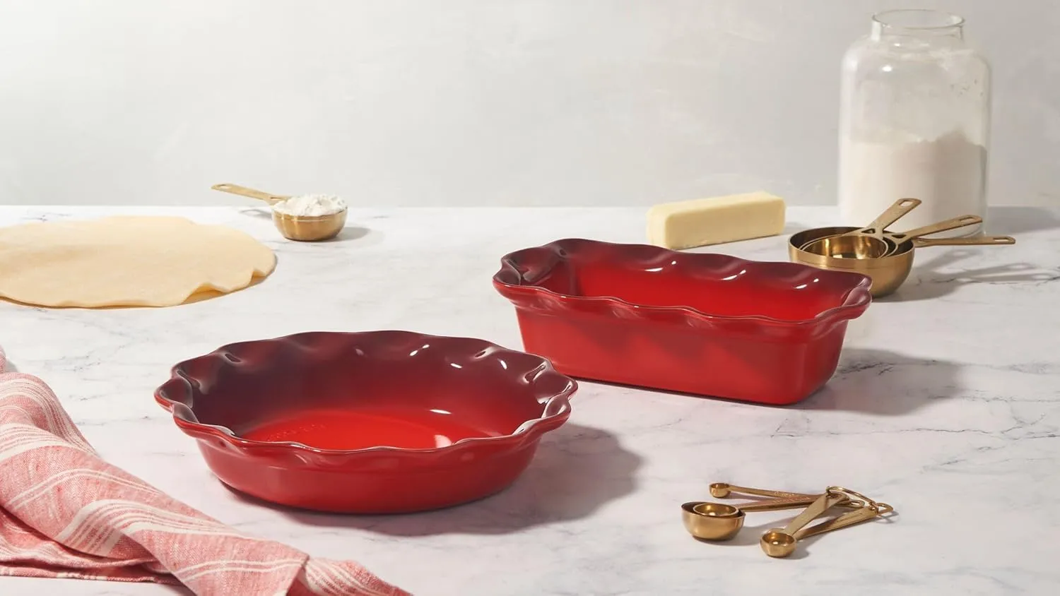 Le Creuset Stoneware Set of 2 9" Heritage Fluted Pie and 9" Fluted Loaf Dish, Sea Salt