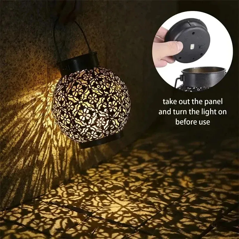 LED Solar Hanging Lantern – Hollow Iron Projection Light for Garden & Yard Decor