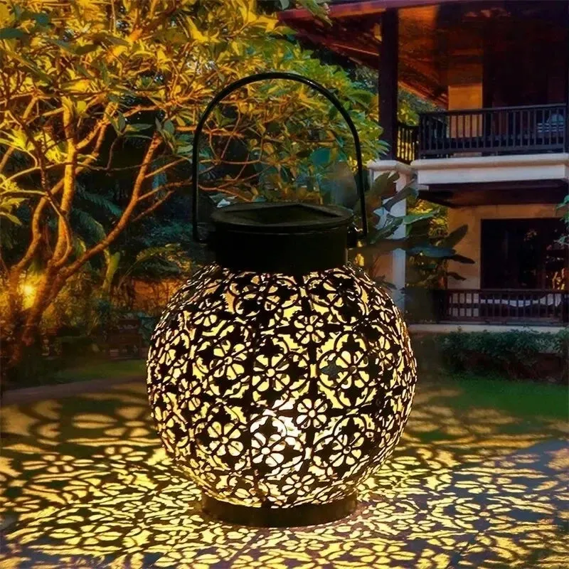 LED Solar Hanging Lantern – Hollow Iron Projection Light for Garden & Yard Decor