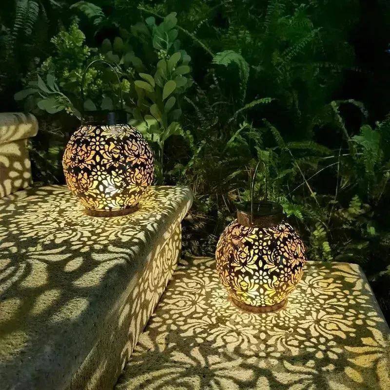 LED Solar Hanging Lantern – Hollow Iron Projection Light for Garden & Yard Decor