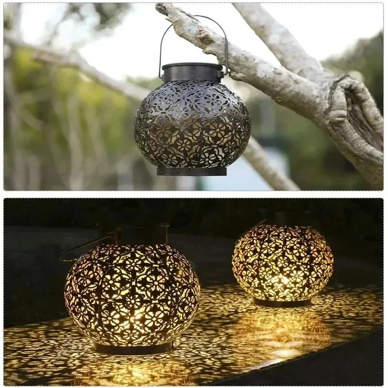 LED Solar Hanging Lantern – Hollow Iron Projection Light for Garden & Yard Decor