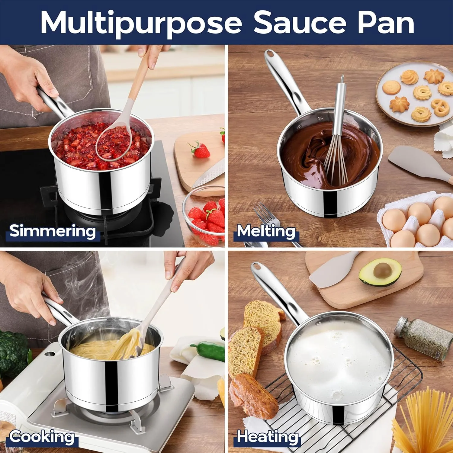 LIANYU Stainless Steel Saucepan, 3 Quart Sauce Pan with Visible Lid, Triply Induction Small Sauce Pot for Kitchen Cooking, Boiling, Compatible with All Stoves, Oven & Dishwasher Safe