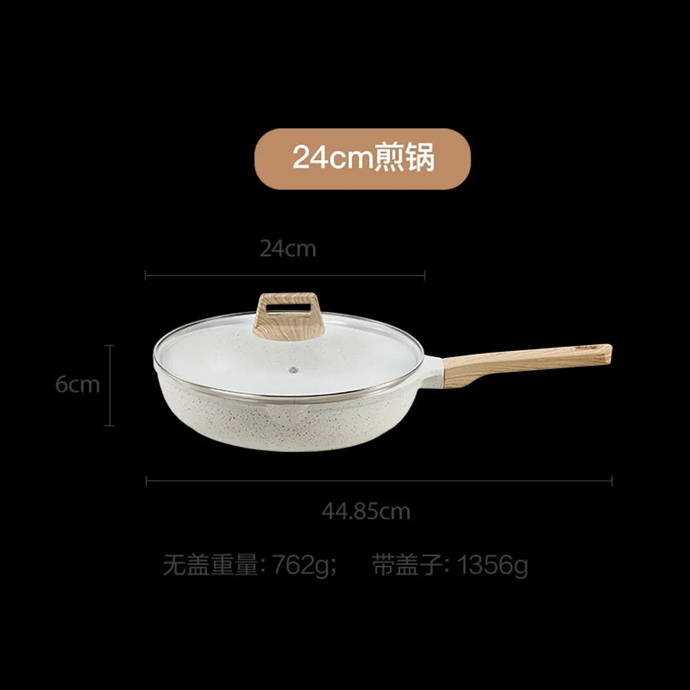 Lifease White Series Cast Maifan Stone Deep Frying Pan with Lid - 24cm