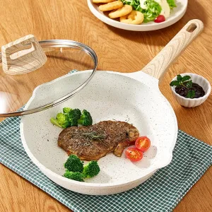 Lifease White Series Cast Maifan Stone Deep Frying Pan with Lid - 24cm