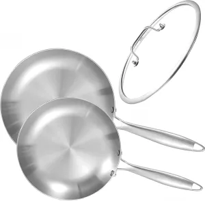 LOLYKITCH 8.5-10 Inch Tri-ply Stainless Steel Frying Pans Set with Lid,Skillets,Induction Chef's Cooking Pan,Pots and Pans Set,Dishwasher and Oven Safe,10 Inch Pan with Lid.