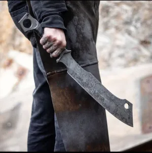 Machete Knife Black Stainless Steel Blade w/Reverse Serrations, Acid Wash Full Tang, Leather Wrapped Handle, Leather Sheath, Outdoor, Hunt, Camp, Hike, Survival, MJ-252