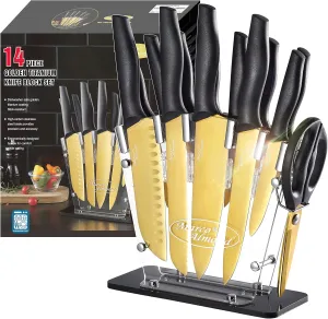 Marco Almond® Gold Knife Set With Block KYA23, 14 Pieces Stainless Steel Chef Cutlery Knives Set for Kitchen with Acrylic Stand