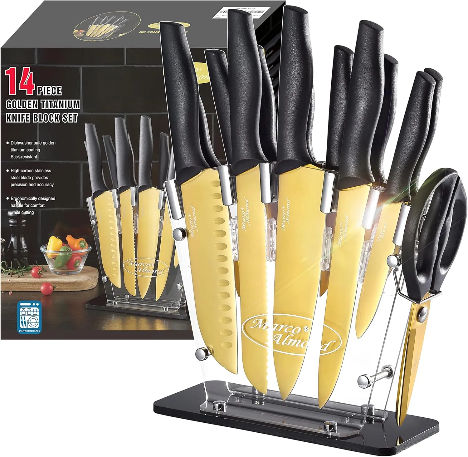 Marco Almond® Gold Knife Set With Block KYA23, 14 Pieces Stainless Steel Chef Cutlery Knives Set for Kitchen with Acrylic Stand