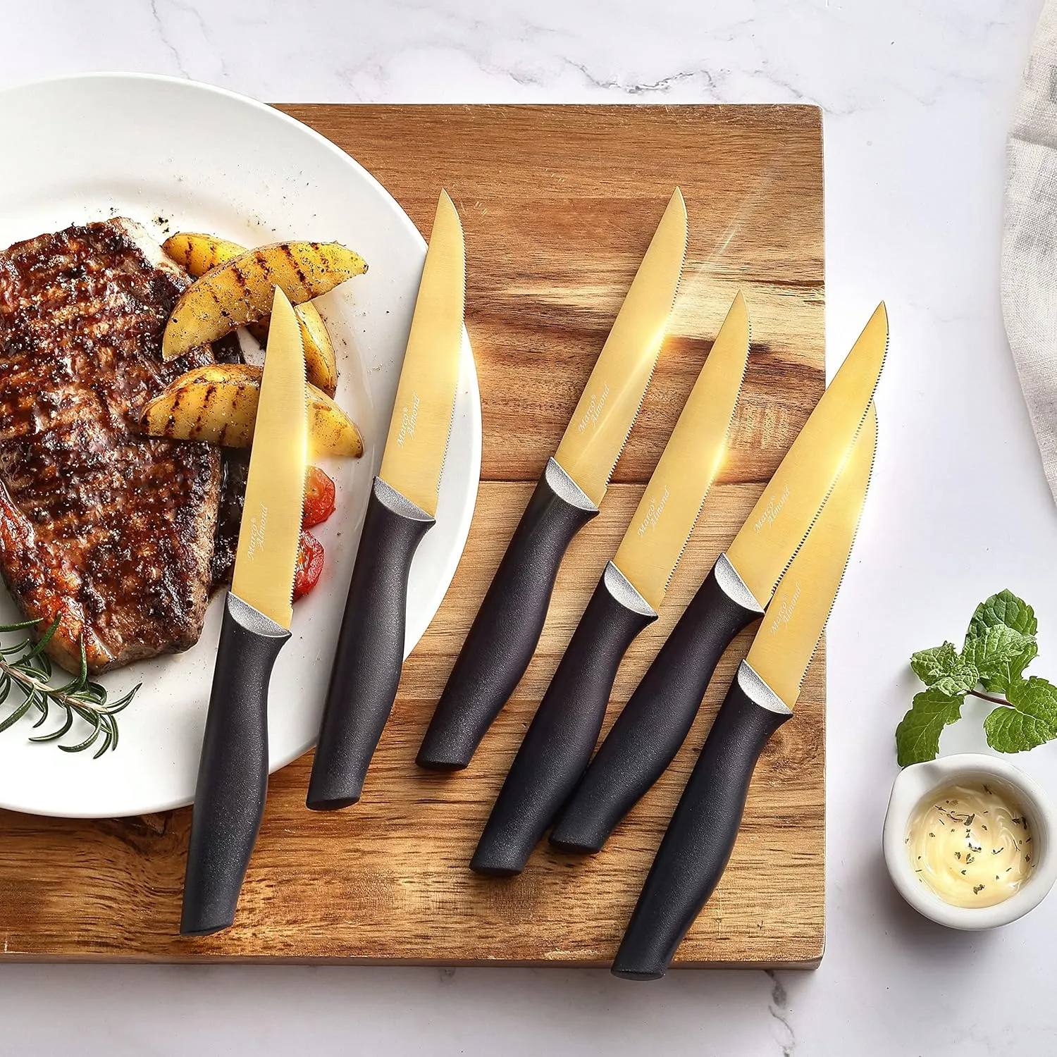 Marco Almond® Gold Knife Set With Block KYA23, 14 Pieces Stainless Steel Chef Cutlery Knives Set for Kitchen with Acrylic Stand