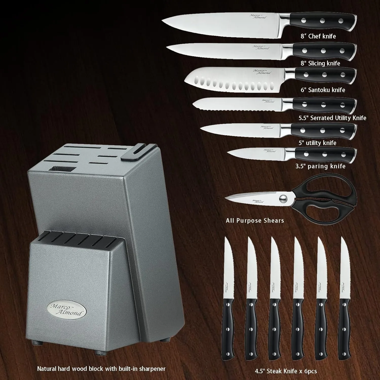 Marco Almond® Kitchen Knife Set with Block KYA31,14 Pieces Japanese Stainless Steel Cutlery Knives Block Set for Kitchen with Built-in Sharpener