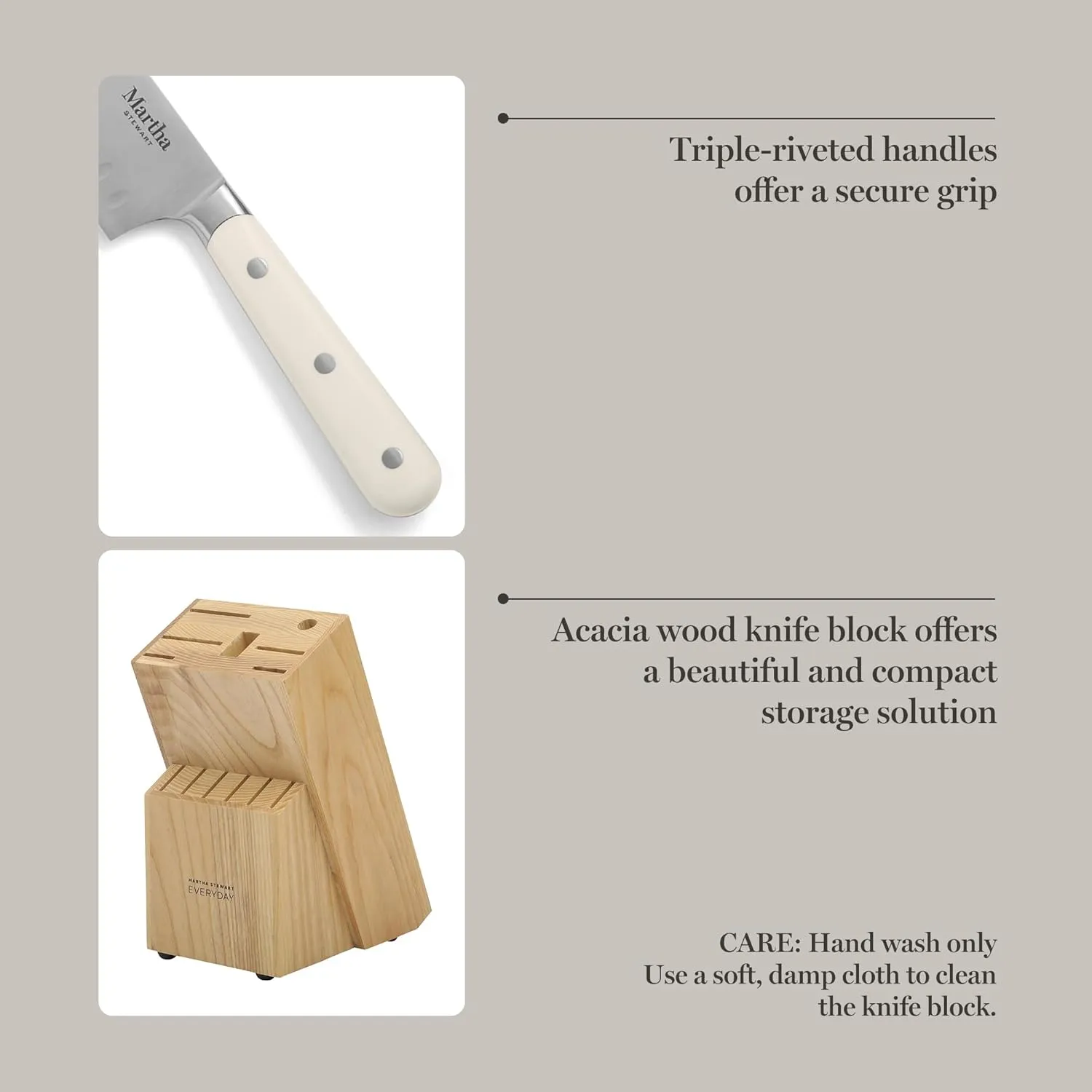 MARTHA STEWART Eastwalk 14 Piece High Carbon Stainless Steel Cutlery Kitchen Knife Block Set w/ABS Triple Riveted Forged Handle Acacia Wood Block - Linen White