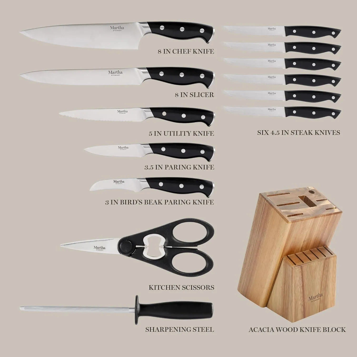 Martha Stewart Greeley 14 pc Triple- Riveted Cutlery Knife Acacia Wood Block Set w/Comfort Grip Handles- Black