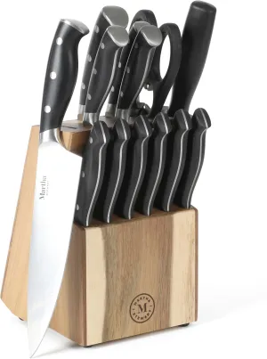 Martha Stewart Greeley 14 pc Triple- Riveted Cutlery Knife Acacia Wood Block Set w/Comfort Grip Handles- Black