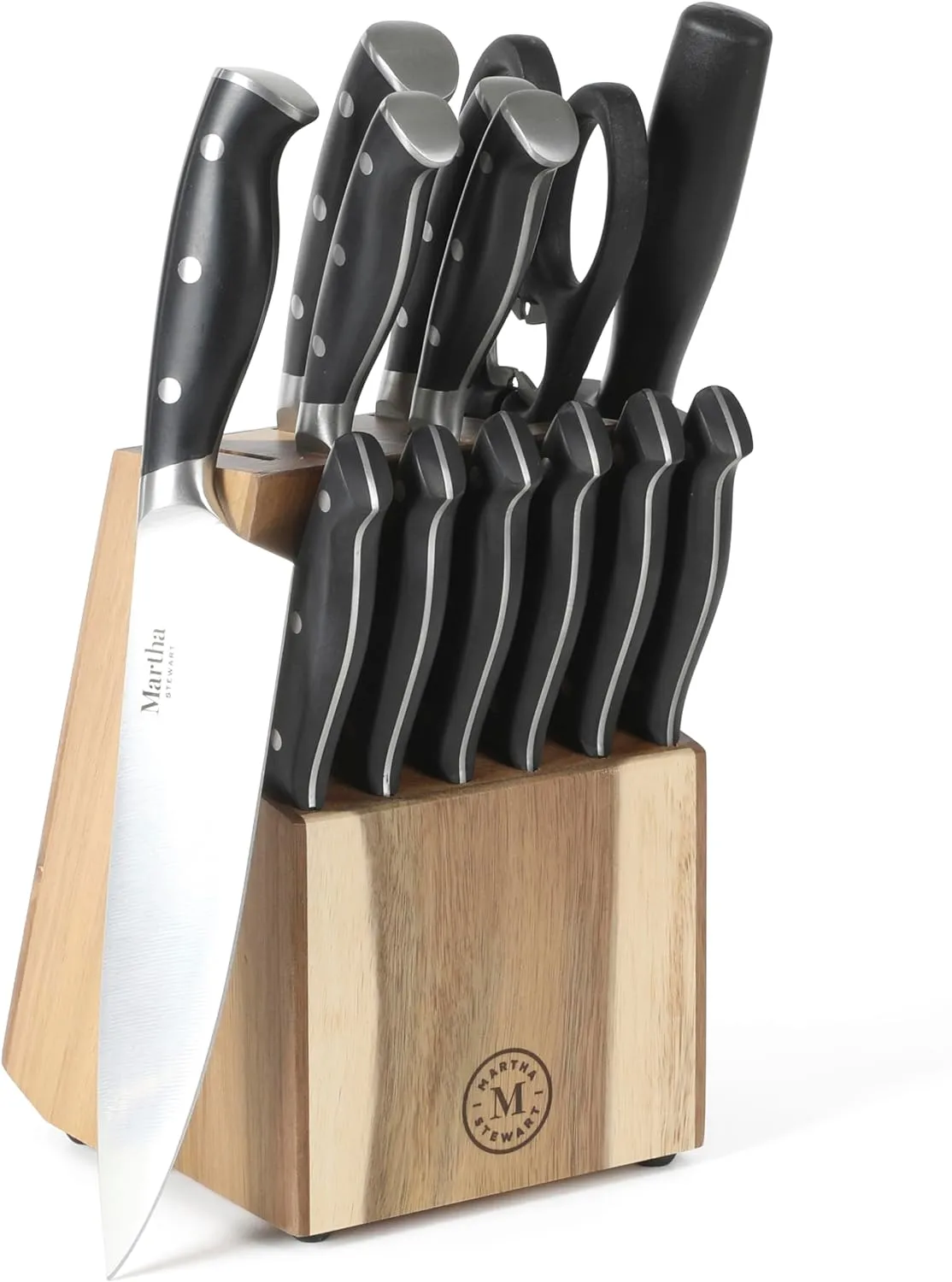 Martha Stewart Greeley 14 pc Triple- Riveted Cutlery Knife Acacia Wood Block Set w/Comfort Grip Handles- Black
