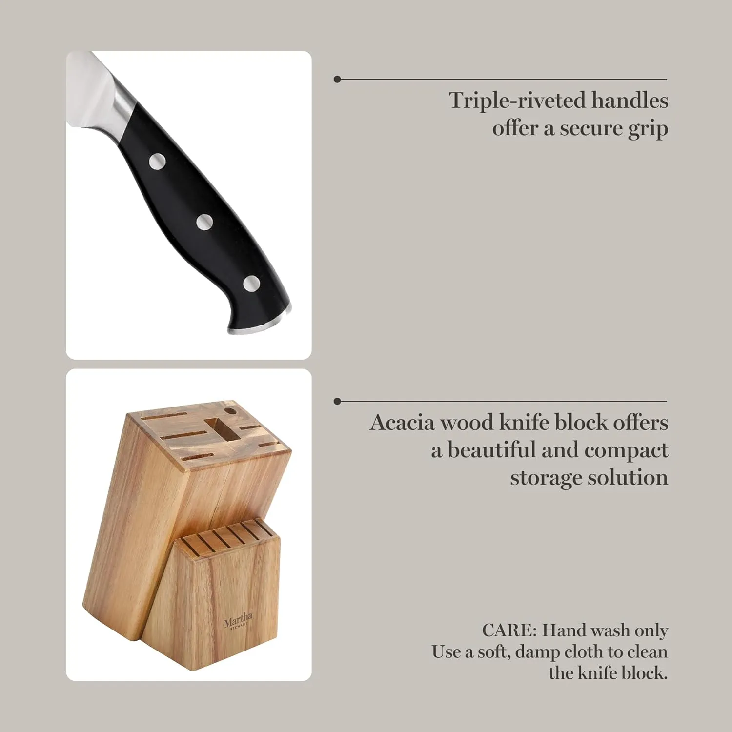 Martha Stewart Greeley 14 pc Triple- Riveted Cutlery Knife Acacia Wood Block Set w/Comfort Grip Handles- Black