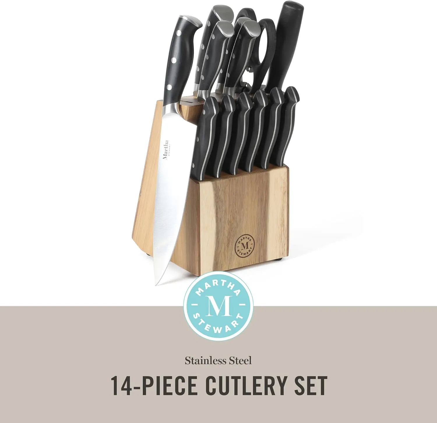 Martha Stewart Greeley 14 pc Triple- Riveted Cutlery Knife Acacia Wood Block Set w/Comfort Grip Handles- Black