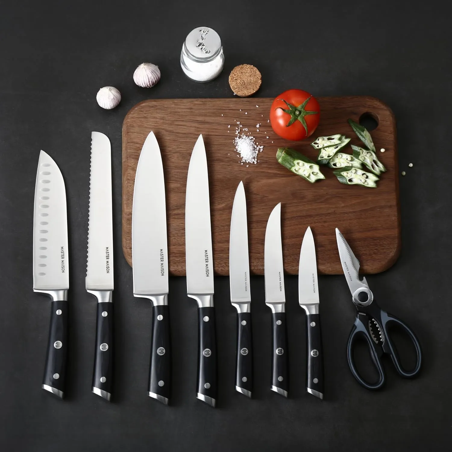 Master Maison 15 Piece Kitchen Knife Set - Professional Stainless Steel Kitchen Knives with Block, Dual Sharpener, and Edge Guards - Black Wood Handle - Full Tang, Ergonomic Design