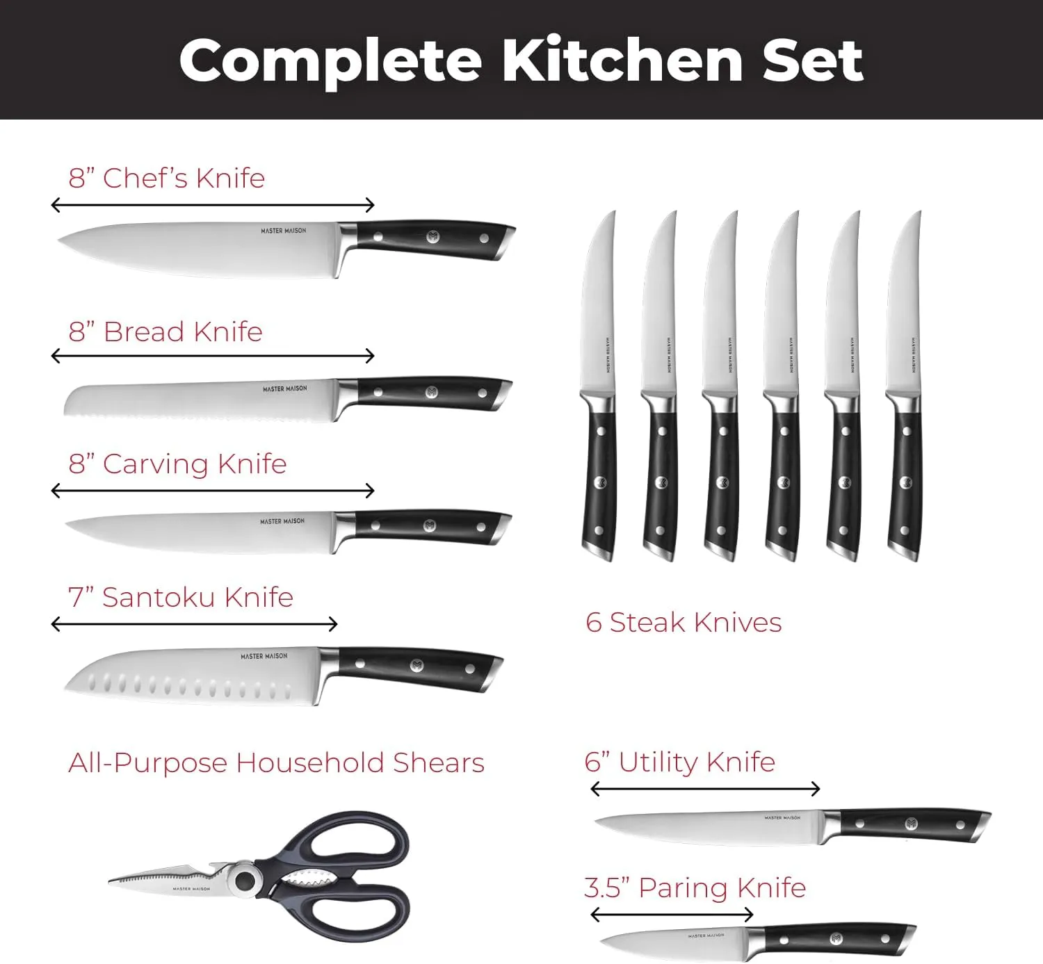 Master Maison 15 Piece Kitchen Knife Set - Professional Stainless Steel Kitchen Knives with Block, Dual Sharpener, and Edge Guards - Black Wood Handle - Full Tang, Ergonomic Design