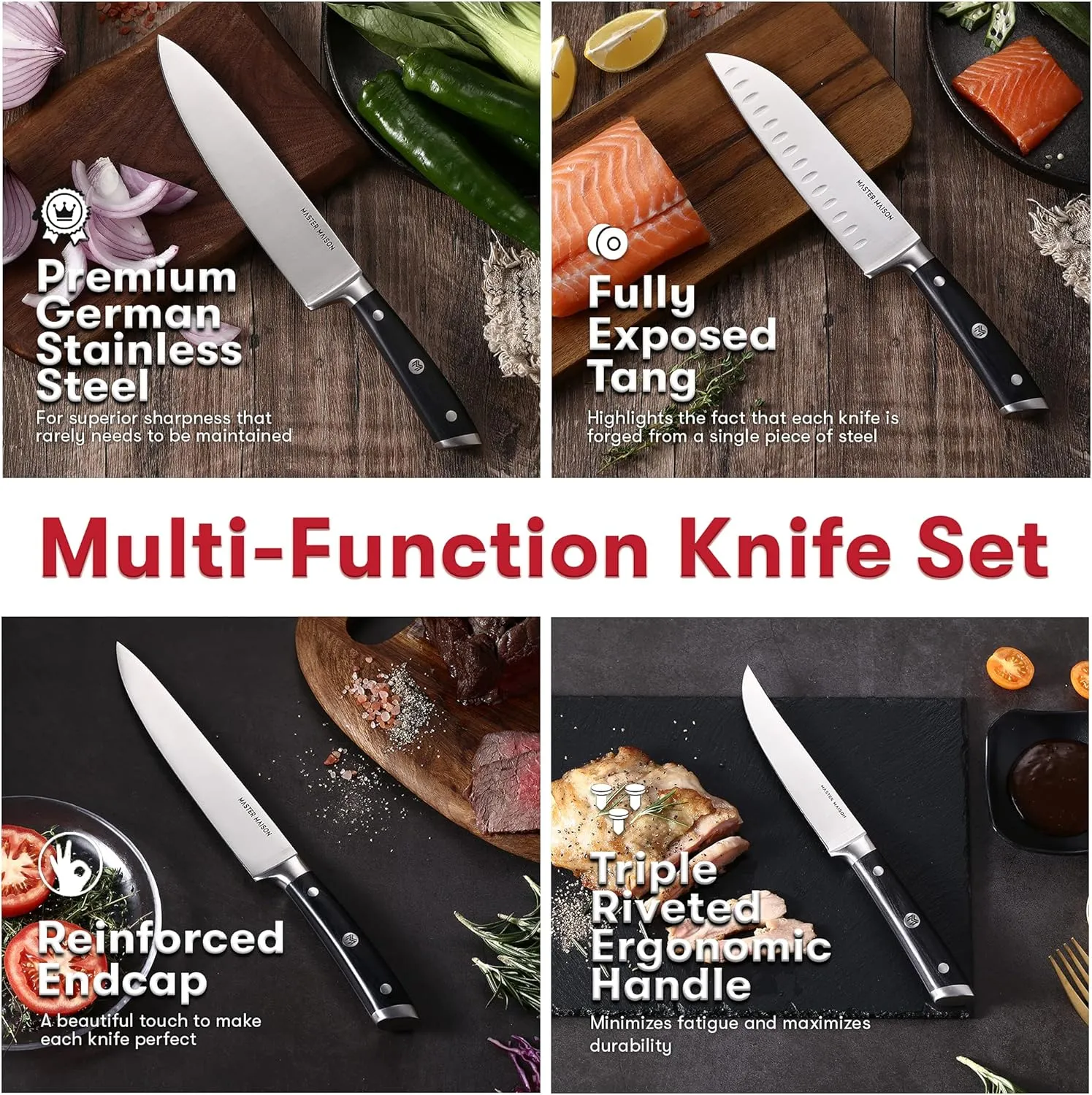 Master Maison 15 Piece Kitchen Knife Set - Professional Stainless Steel Kitchen Knives with Block, Dual Sharpener, and Edge Guards - Black Wood Handle - Full Tang, Ergonomic Design