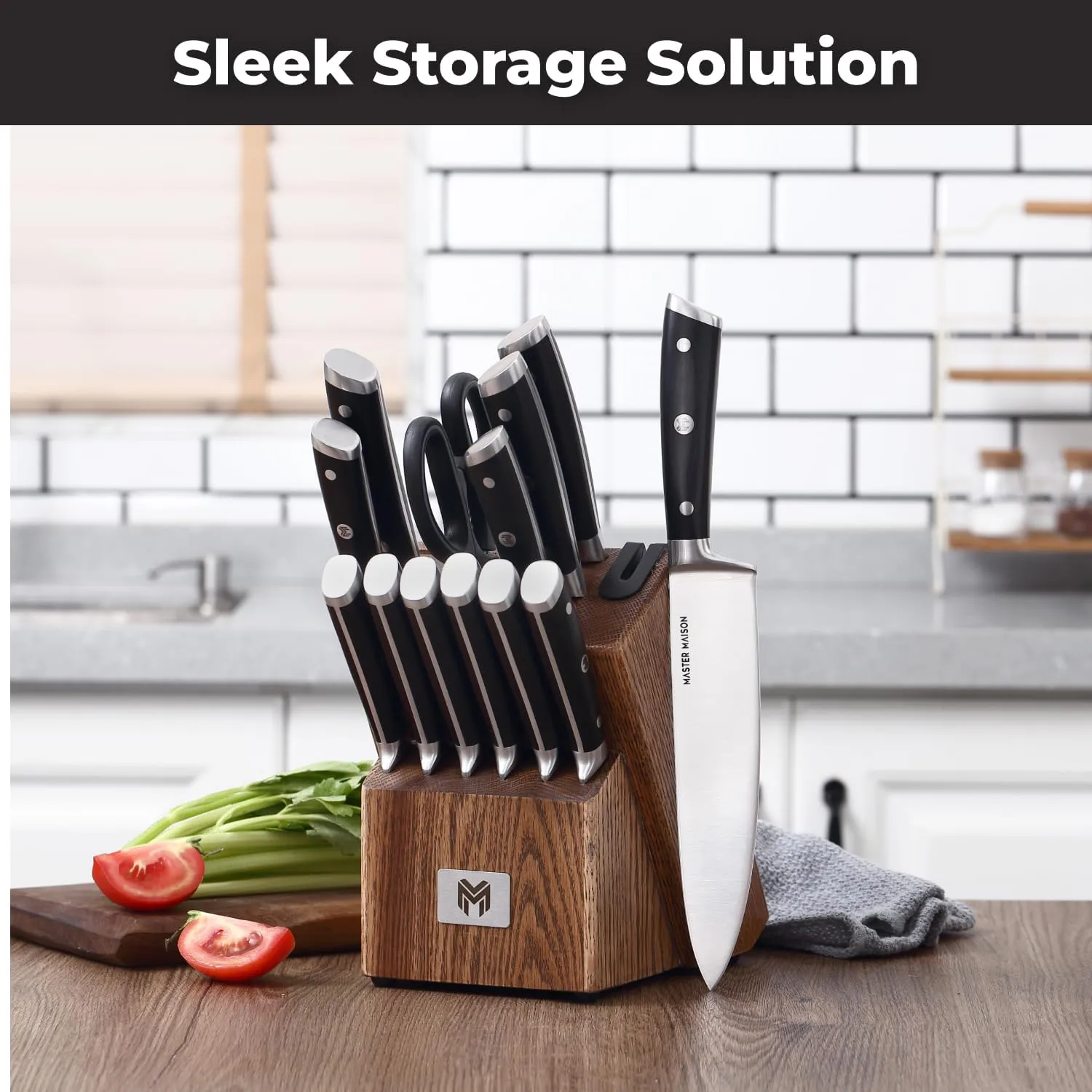 Master Maison 15 Piece Kitchen Knife Set - Professional Stainless Steel Kitchen Knives with Block, Dual Sharpener, and Edge Guards - Black Wood Handle - Full Tang, Ergonomic Design