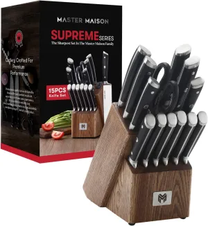 Master Maison 15 Piece Kitchen Knife Set - Professional Stainless Steel Kitchen Knives with Block, Dual Sharpener, and Edge Guards - Black Wood Handle - Full Tang, Ergonomic Design