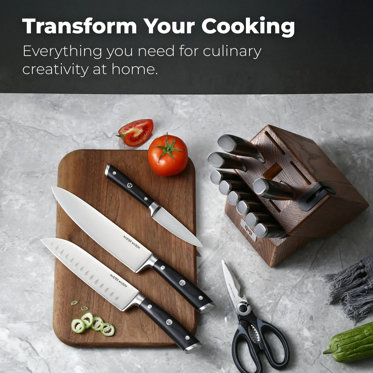 Master Maison 15 Piece Kitchen Knife Set - Professional Stainless Steel Kitchen Knives with Block, Dual Sharpener, and Edge Guards - Black Wood Handle - Full Tang, Ergonomic Design