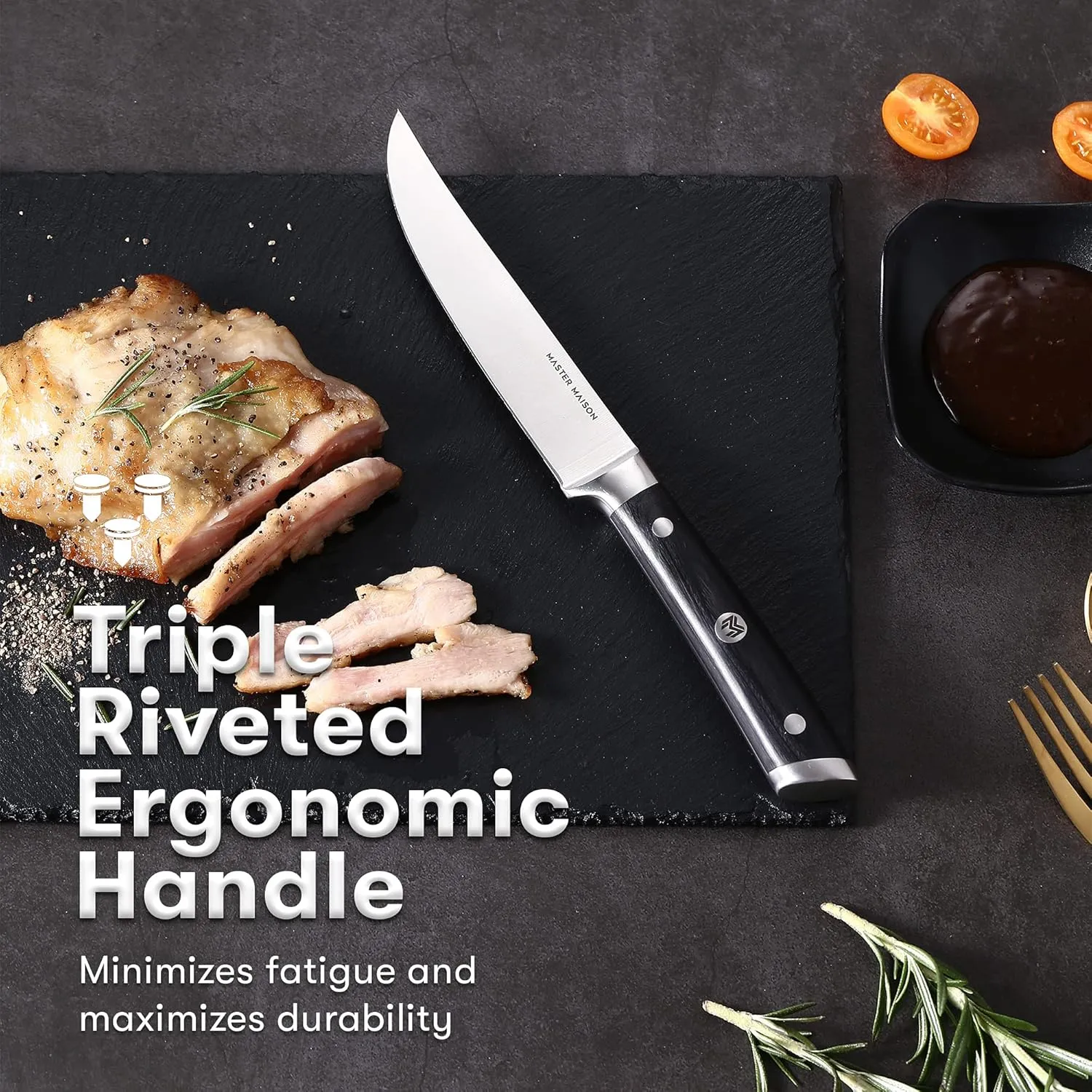 Master Maison 15 Piece Kitchen Knife Set - Professional Stainless Steel Kitchen Knives with Block, Dual Sharpener, and Edge Guards - Black Wood Handle - Full Tang, Ergonomic Design
