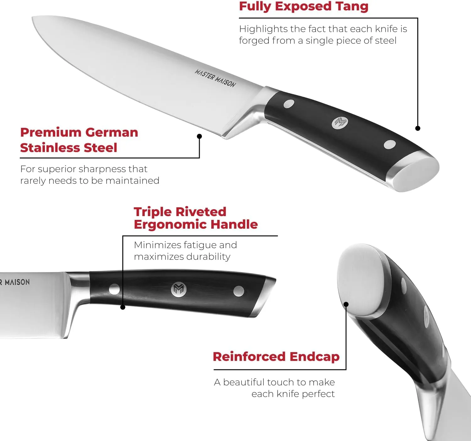 Master Maison 15 Piece Kitchen Knife Set - Professional Stainless Steel Kitchen Knives with Block, Dual Sharpener, and Edge Guards - Black Wood Handle - Full Tang, Ergonomic Design