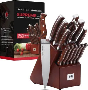Master Maison 15-Piece Kitchen Knife Set with Block - Knife Set - Stainless Steel Knives with Sharpener and 6 Steak Knives (Walnut)