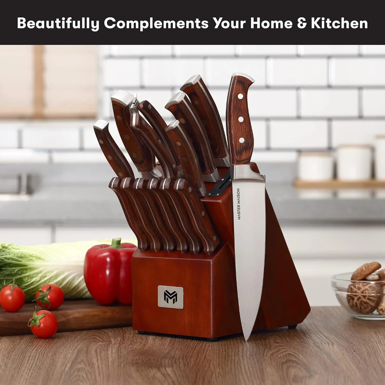 Master Maison 15-Piece Kitchen Knife Set with Block - Knife Set - Stainless Steel Knives with Sharpener and 6 Steak Knives (Walnut)