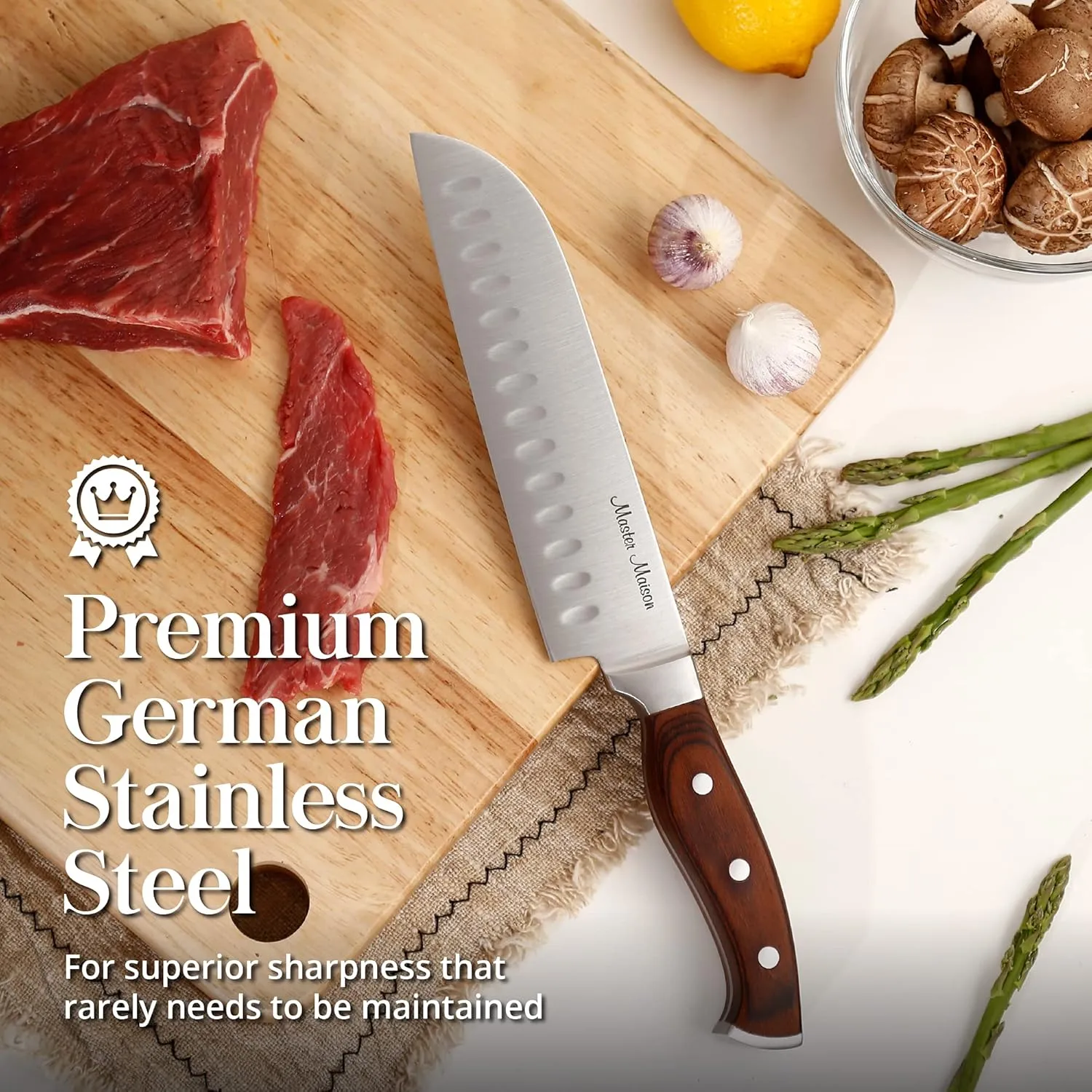 Master Maison 15-Piece Kitchen Knife Set with Block - Knife Set - Stainless Steel Knives with Sharpener and 6 Steak Knives (Walnut)