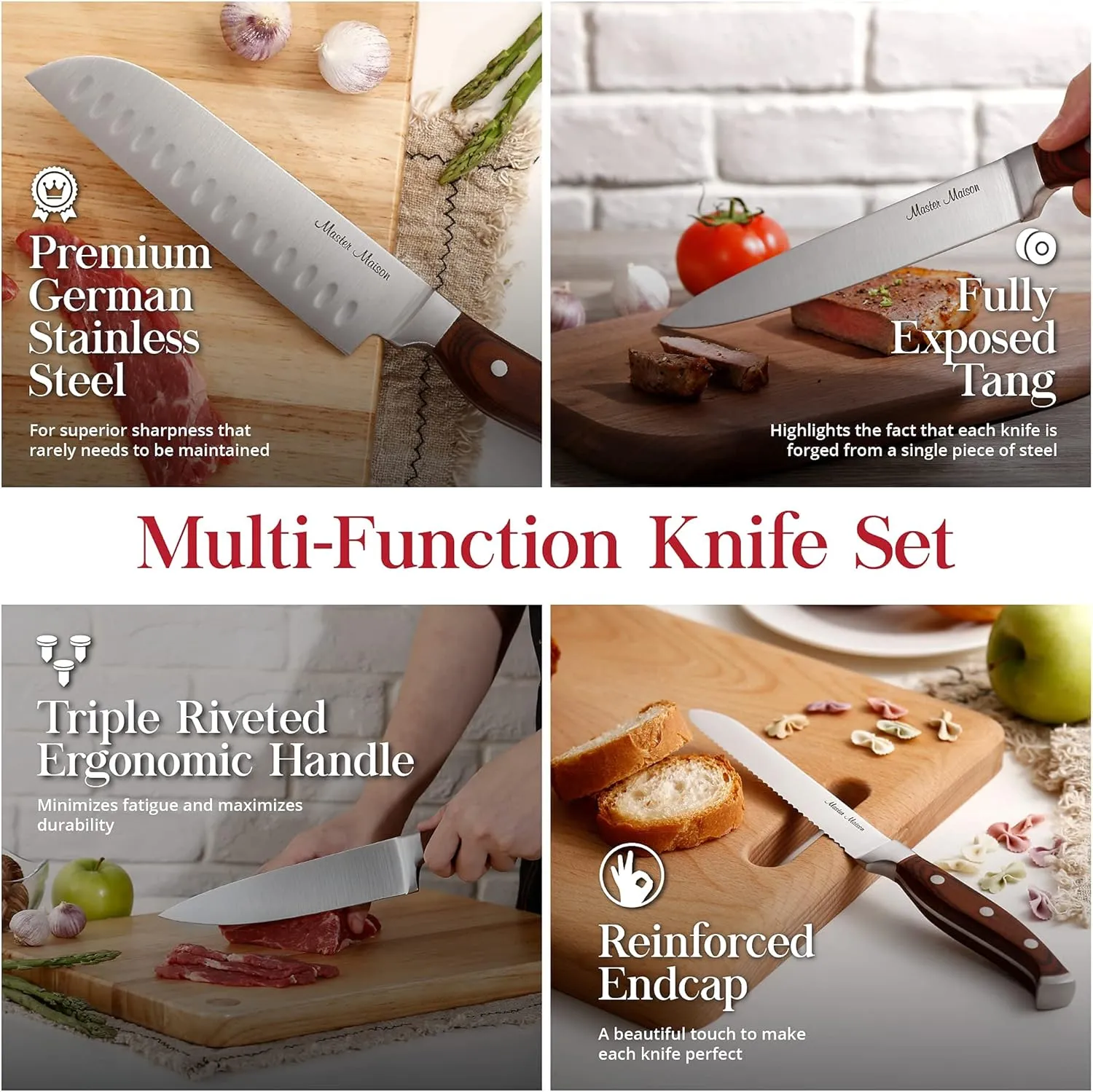 Master Maison 15-Piece Kitchen Knife Set with Block - Knife Set - Stainless Steel Knives with Sharpener and 6 Steak Knives (Walnut)
