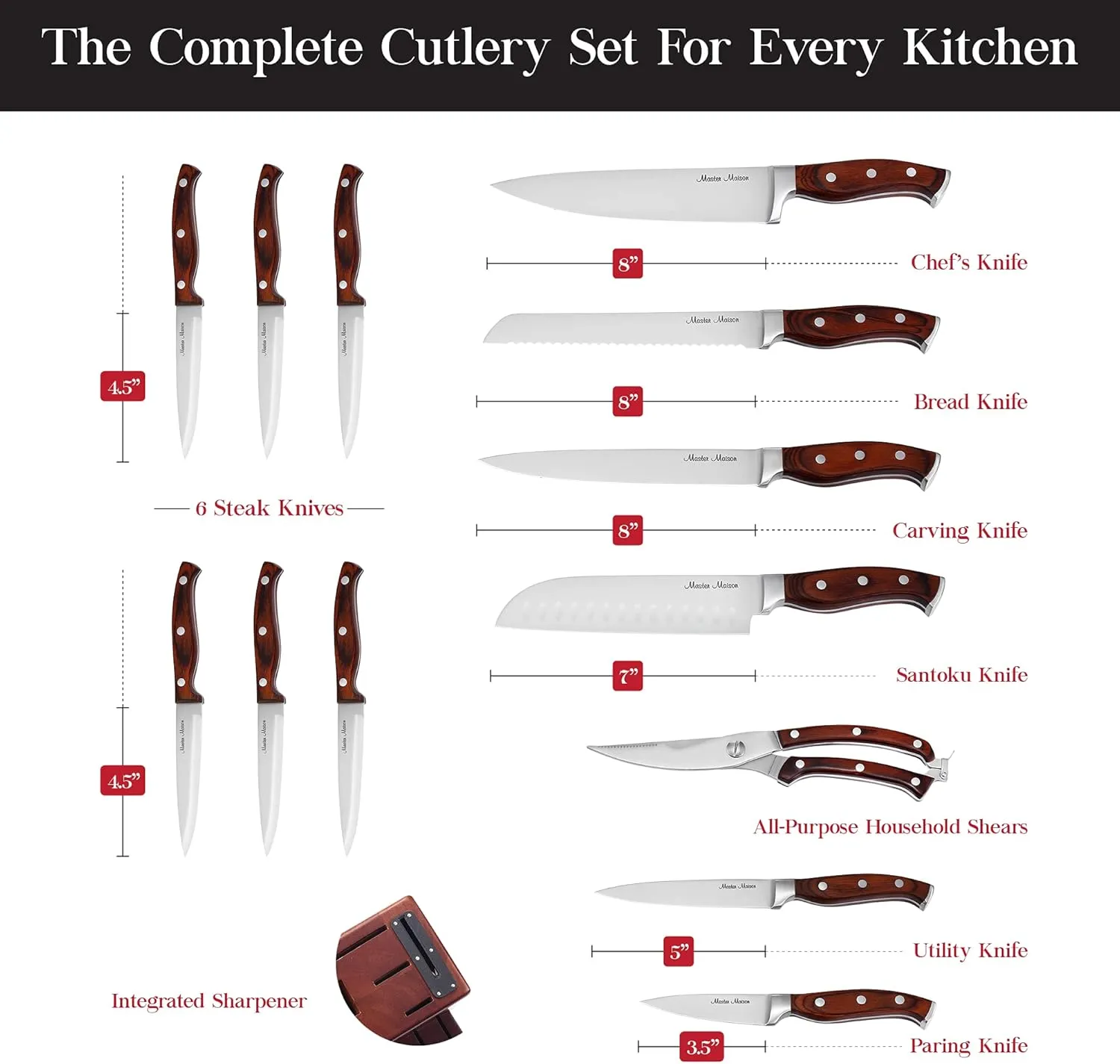 Master Maison 15-Piece Kitchen Knife Set with Block - Knife Set - Stainless Steel Knives with Sharpener and 6 Steak Knives (Walnut)