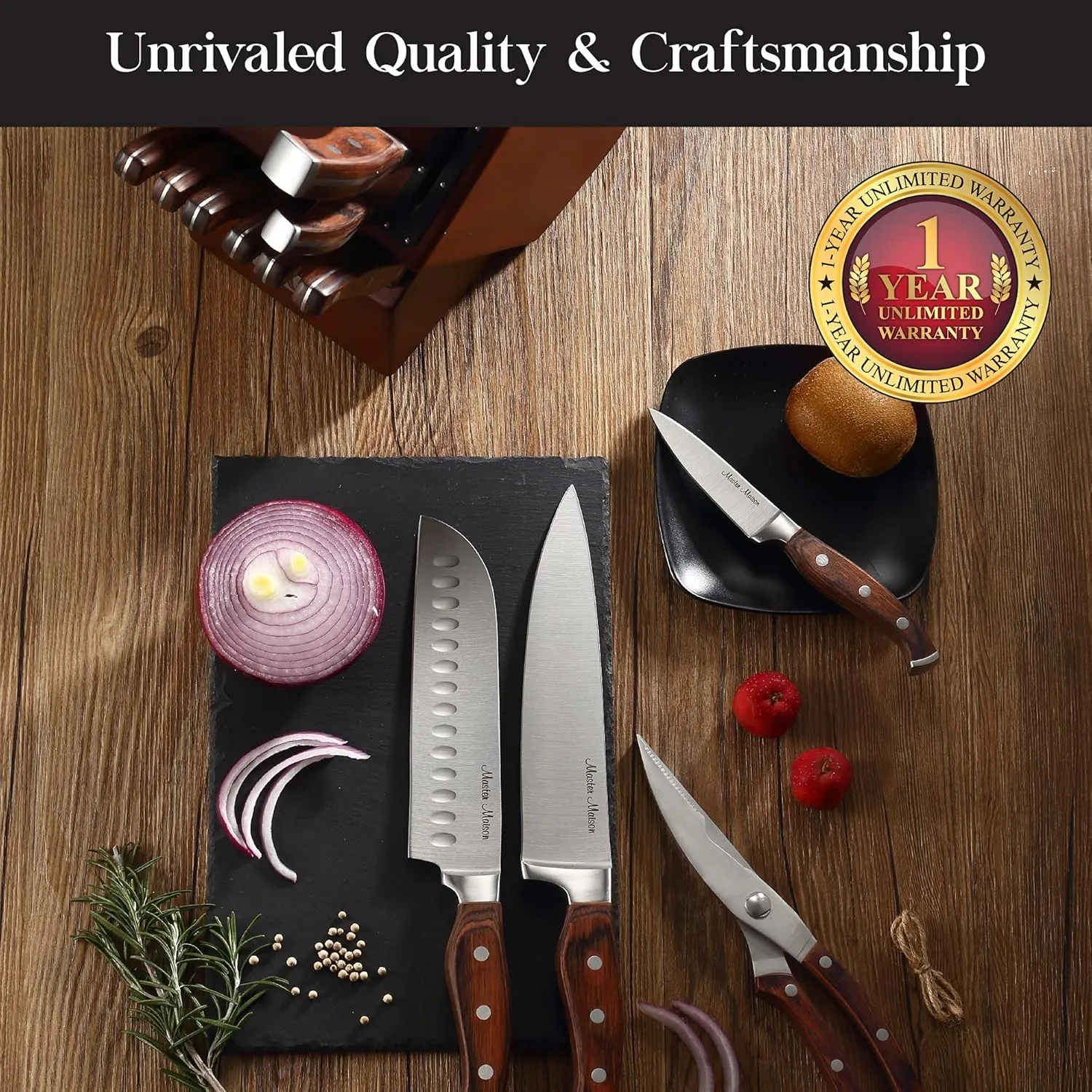 Master Maison 15-Piece Kitchen Knife Set with Block - Knife Set - Stainless Steel Knives with Sharpener and 6 Steak Knives (Walnut)