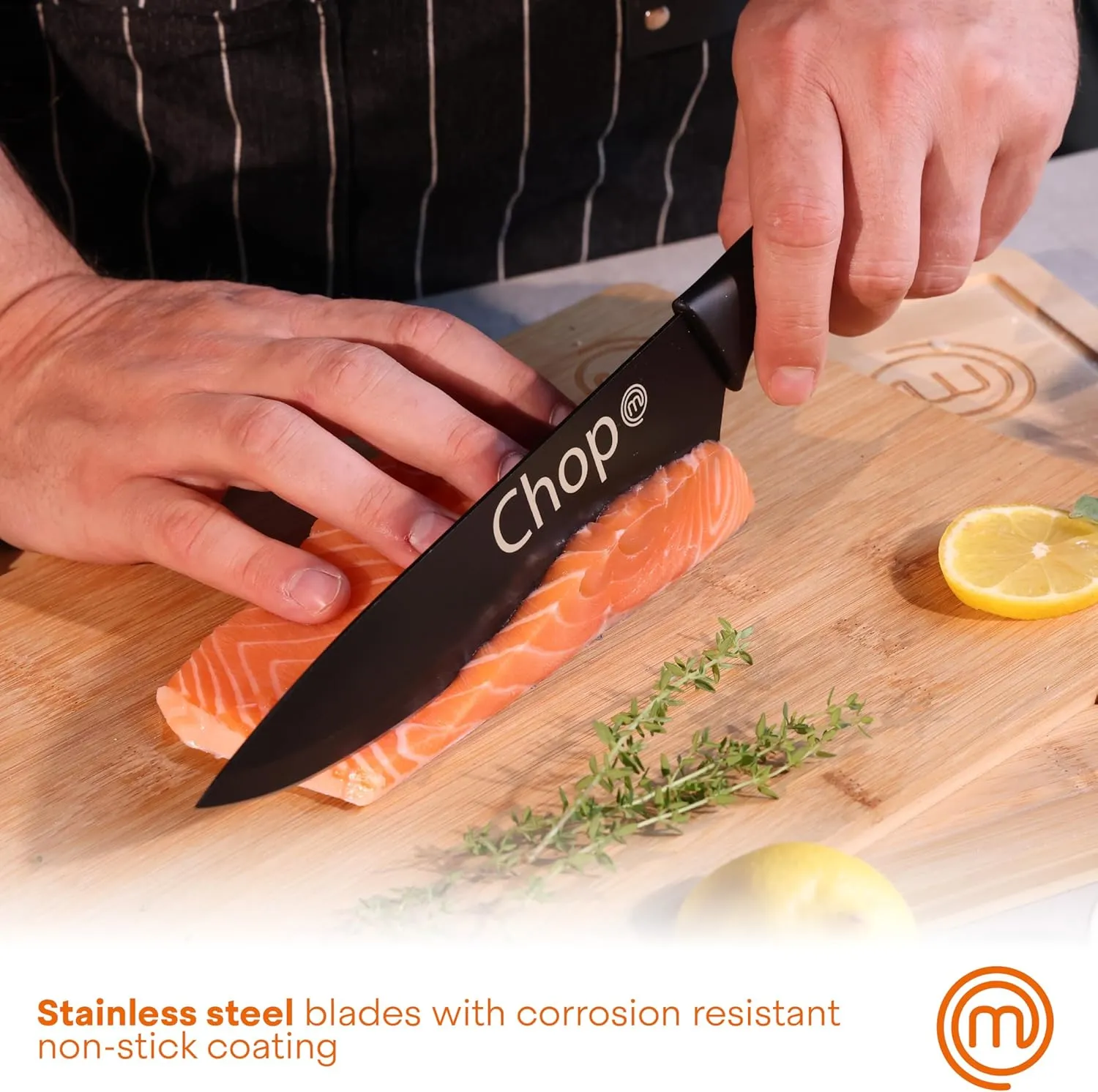 MasterChef Kitchen Knife Set with Covers, 6 Professional Chef Knives for Home Kitchens, Extra Sharp Cutting Stainless Steel Blades & Protective Sheaths, Soft-Touch Easy-Grip Handles, Essential Black