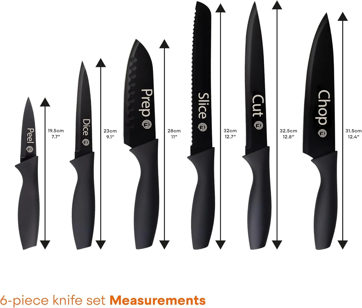 MasterChef Kitchen Knife Set with Covers, 6 Professional Chef Knives for Home Kitchens, Extra Sharp Cutting Stainless Steel Blades & Protective Sheaths, Soft-Touch Easy-Grip Handles, Essential Black