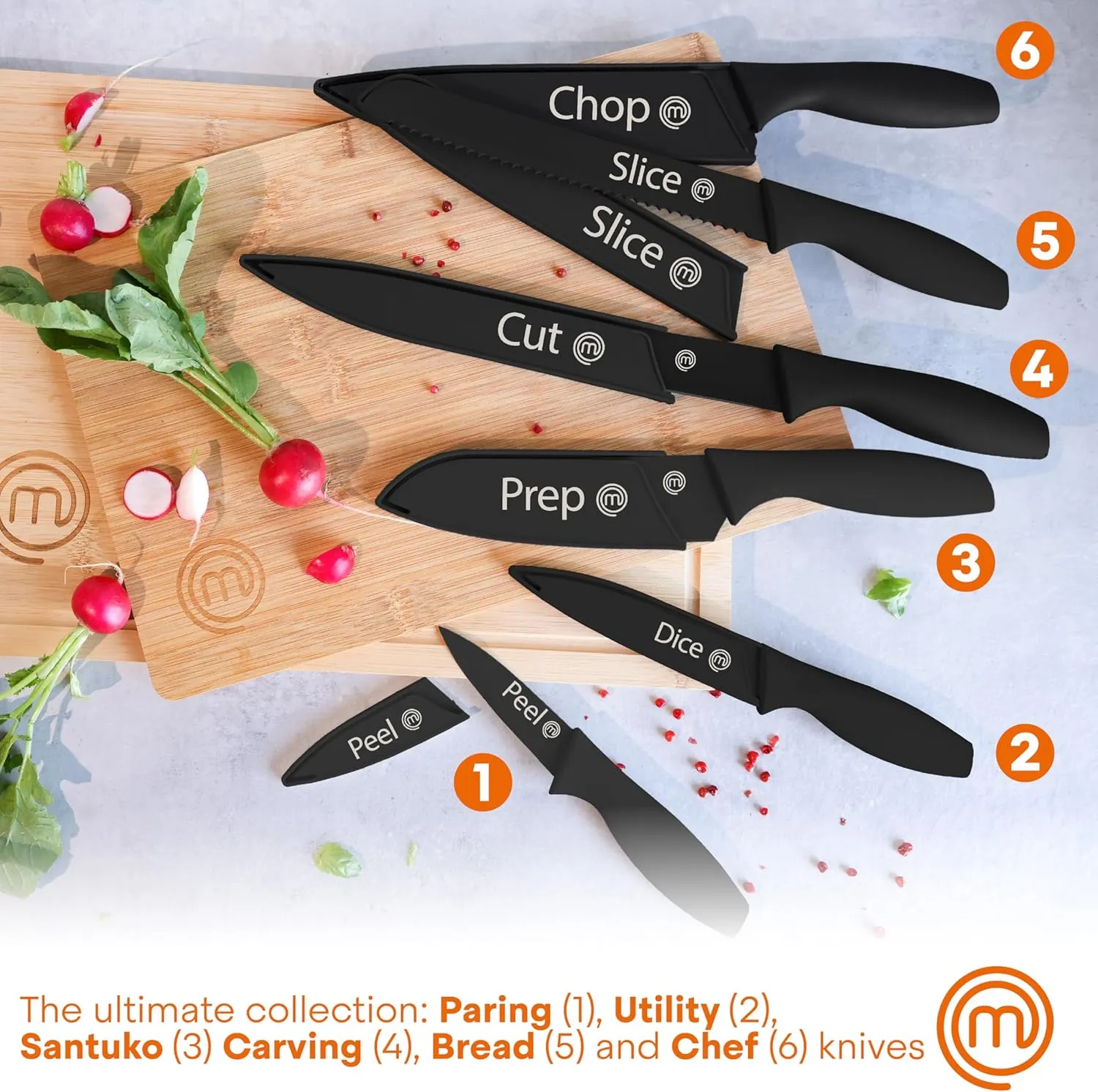 MasterChef Kitchen Knife Set with Covers, 6 Professional Chef Knives for Home Kitchens, Extra Sharp Cutting Stainless Steel Blades & Protective Sheaths, Soft-Touch Easy-Grip Handles, Essential Black
