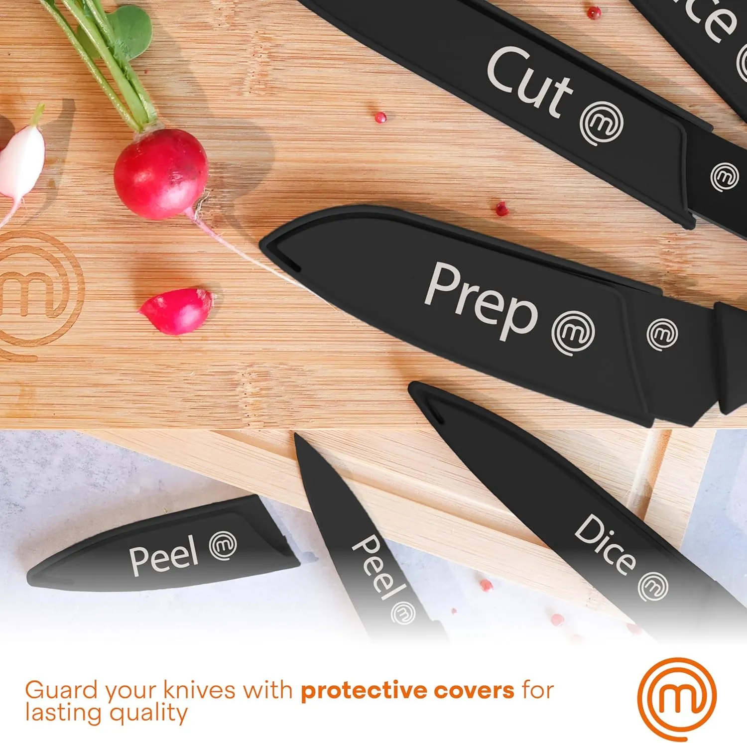 MasterChef Kitchen Knife Set with Covers, 6 Professional Chef Knives for Home Kitchens, Extra Sharp Cutting Stainless Steel Blades & Protective Sheaths, Soft-Touch Easy-Grip Handles, Essential Black