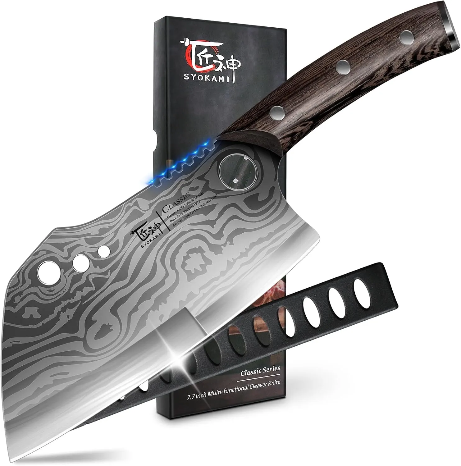 Meat Cleaver Chef Knife with Sheath, 7.7 Inch Butcher Knife with Herb Stripper, Chopping Knife Heavy Duty Bone Cutting, Damascus Pattern Full Tang Wood Handle, Mother's Day Gifts