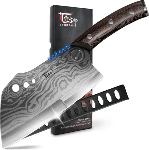 Meat Cleaver Chef Knife with Sheath, 7.7 Inch Butcher Knife with Herb Stripper, Chopping Knife Heavy Duty Bone Cutting, Damascus Pattern Full Tang Wood Handle, Mother's Day Gifts