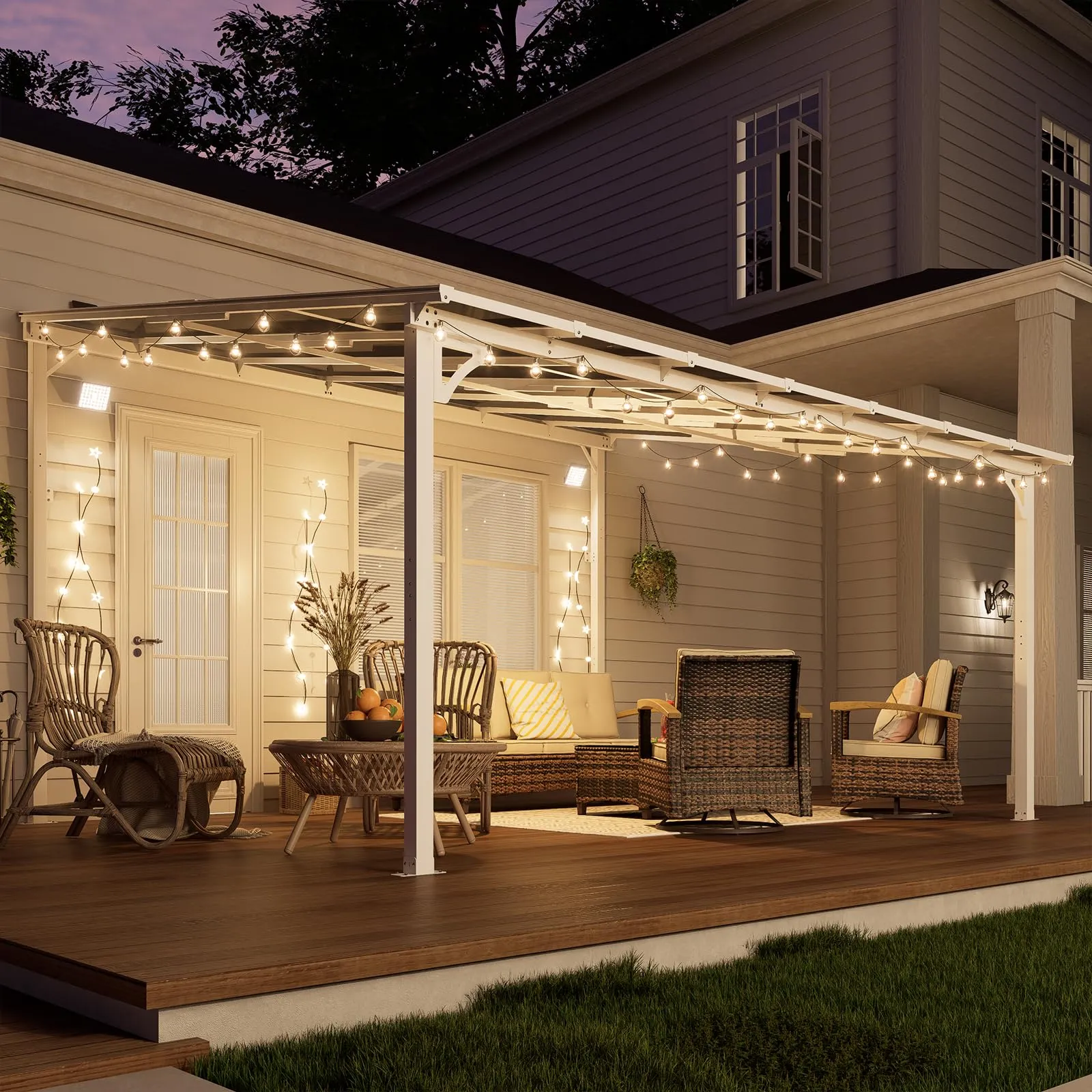 MEISSALIVVE 12' x 14' Gazebo, Wall Mounted Gazebo, Lean to Metal Awnings Gazebos, Gazebo Pergola with Sloped Roof, Outdoor Patio Gazebo Awning for Backyard, Deck, White