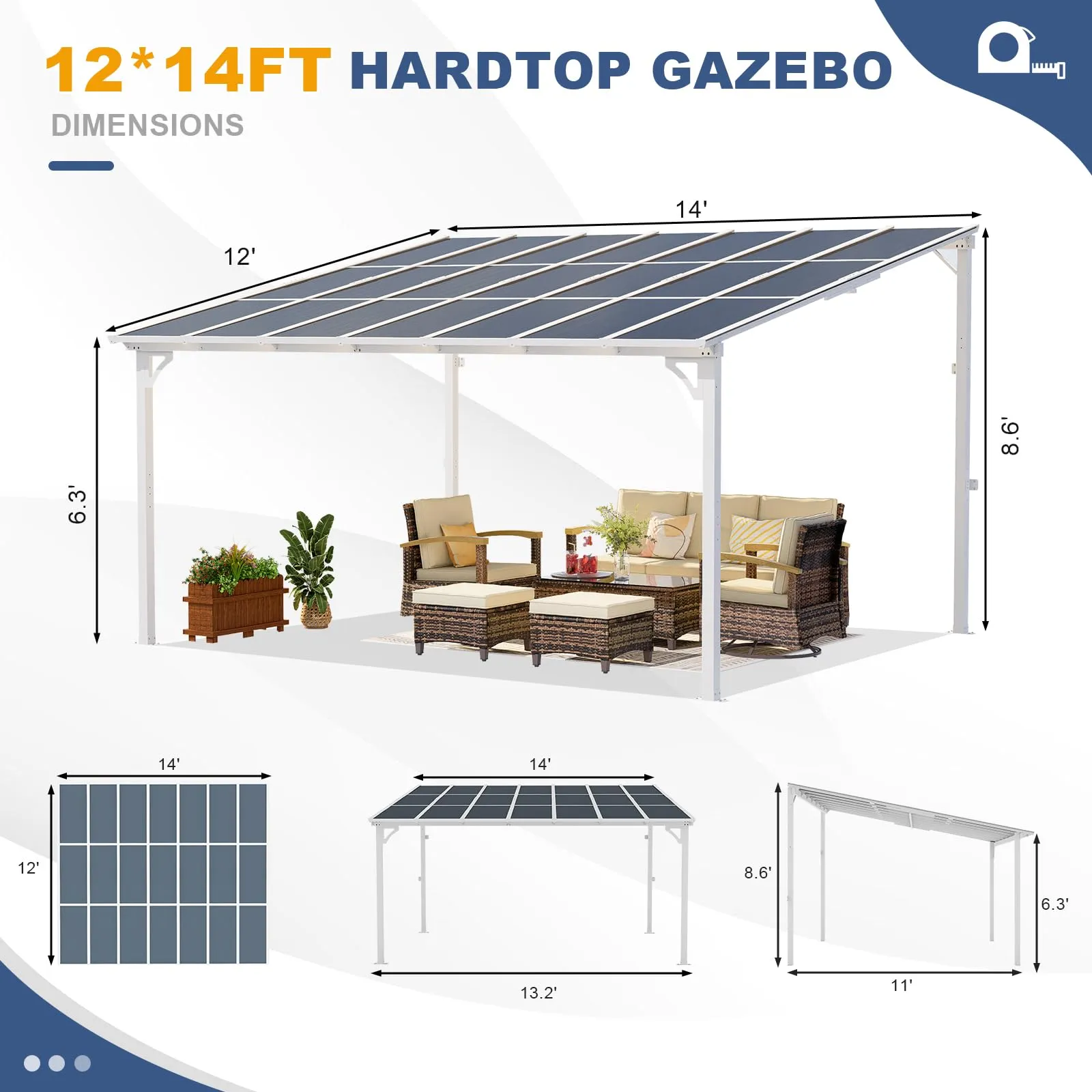 MEISSALIVVE 12' x 14' Gazebo, Wall Mounted Gazebo, Lean to Metal Awnings Gazebos, Gazebo Pergola with Sloped Roof, Outdoor Patio Gazebo Awning for Backyard, Deck, White