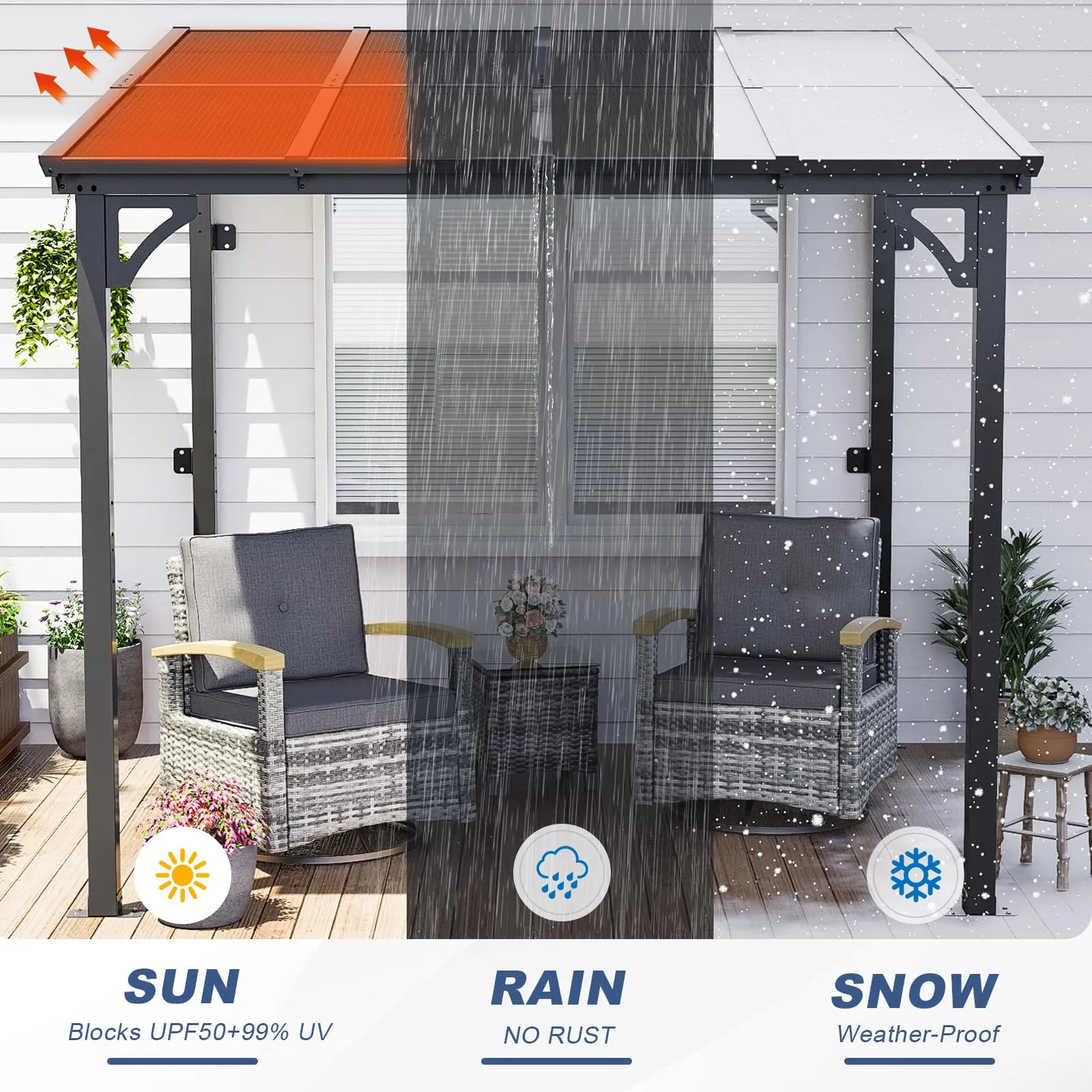 MEISSALIVVE 8' x 8' Gazebo, Wall Mounted Gazebo, Lean to Metal Awnings Gazebos, Gazebo Pergola with Sloped Roof, Outdoor Patio Gazebo Awning for Backyard, Deck, Black
