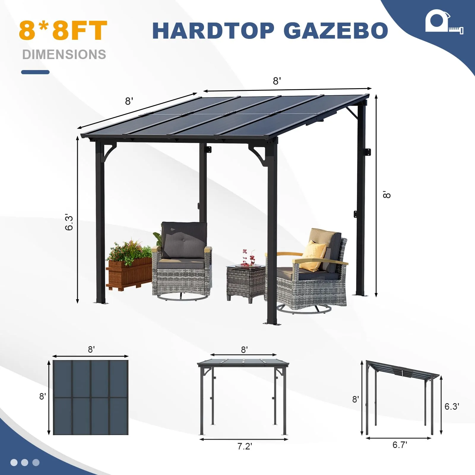 MEISSALIVVE 8' x 8' Gazebo, Wall Mounted Gazebo, Lean to Metal Awnings Gazebos, Gazebo Pergola with Sloped Roof, Outdoor Patio Gazebo Awning for Backyard, Deck, Black