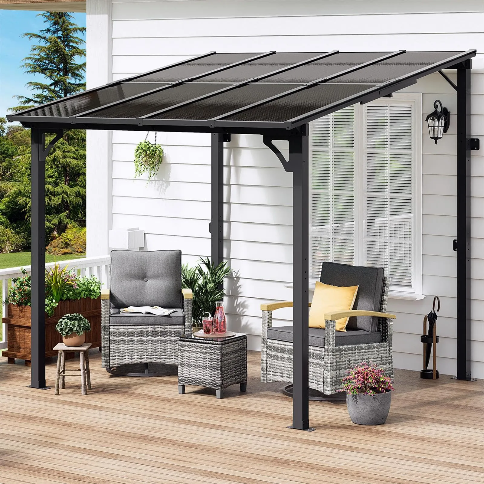 MEISSALIVVE 8' x 8' Gazebo, Wall Mounted Gazebo, Lean to Metal Awnings Gazebos, Gazebo Pergola with Sloped Roof, Outdoor Patio Gazebo Awning for Backyard, Deck, Black