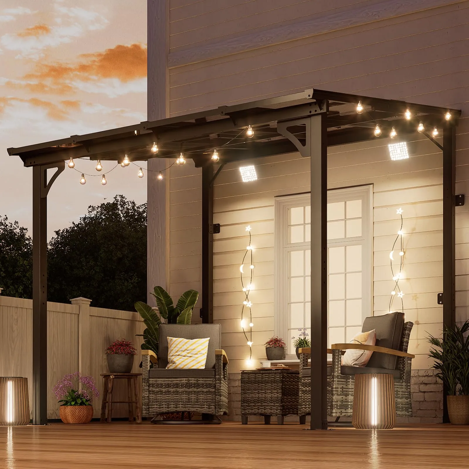 MEISSALIVVE 8' x 8' Gazebo, Wall Mounted Gazebo, Lean to Metal Awnings Gazebos, Gazebo Pergola with Sloped Roof, Outdoor Patio Gazebo Awning for Backyard, Deck, Black