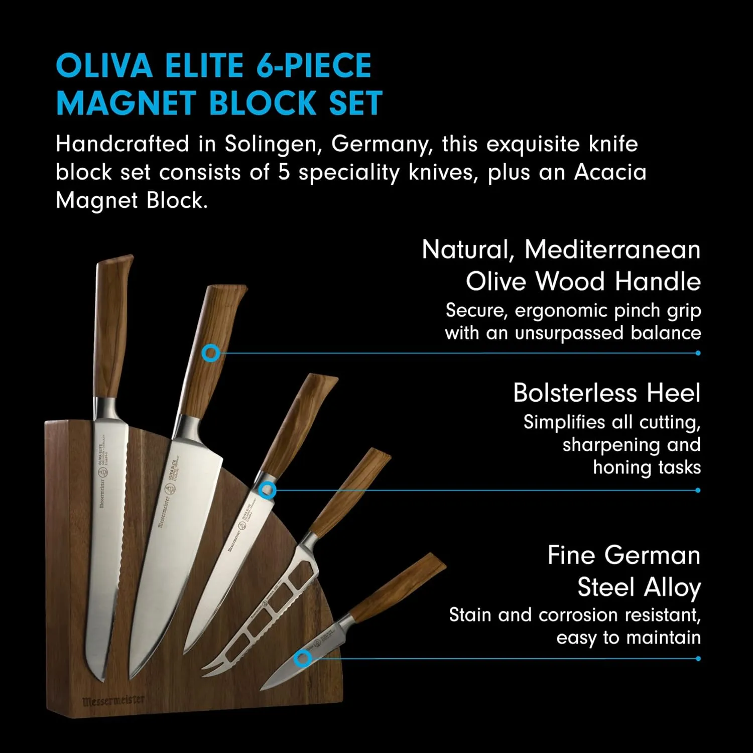 Messermeister Oliva Elite 6-Piece Magnet Block Set - Includes Chef’s, Bread, Cheese & Tomato, Utility & Paring Knife   Magnet Block